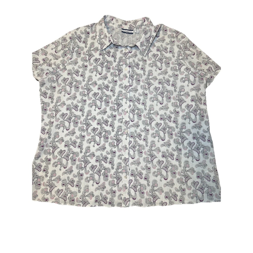 Crofton Barrow Women's 2X Paisley Button In Front Purple White Stretch Top